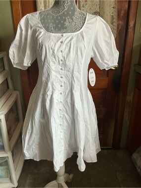 White Puff-Sleeve Button-Front Mini Dress